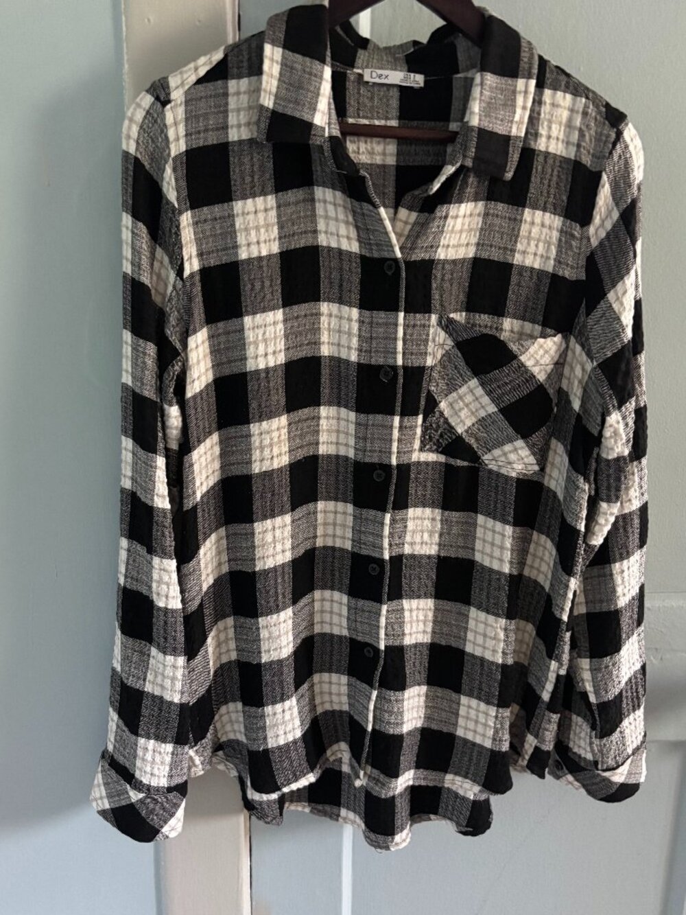 DEX Plaid Shirt Black Grey Taupe Cream Roll-Up Cuffs Size S